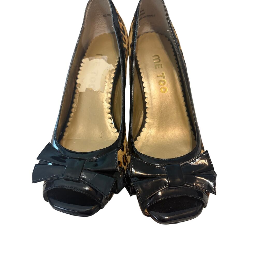 Me Too Leopard Print Peep Toe Heels Bow Detail Pony Hair Pumps Women's‎ Size 5
